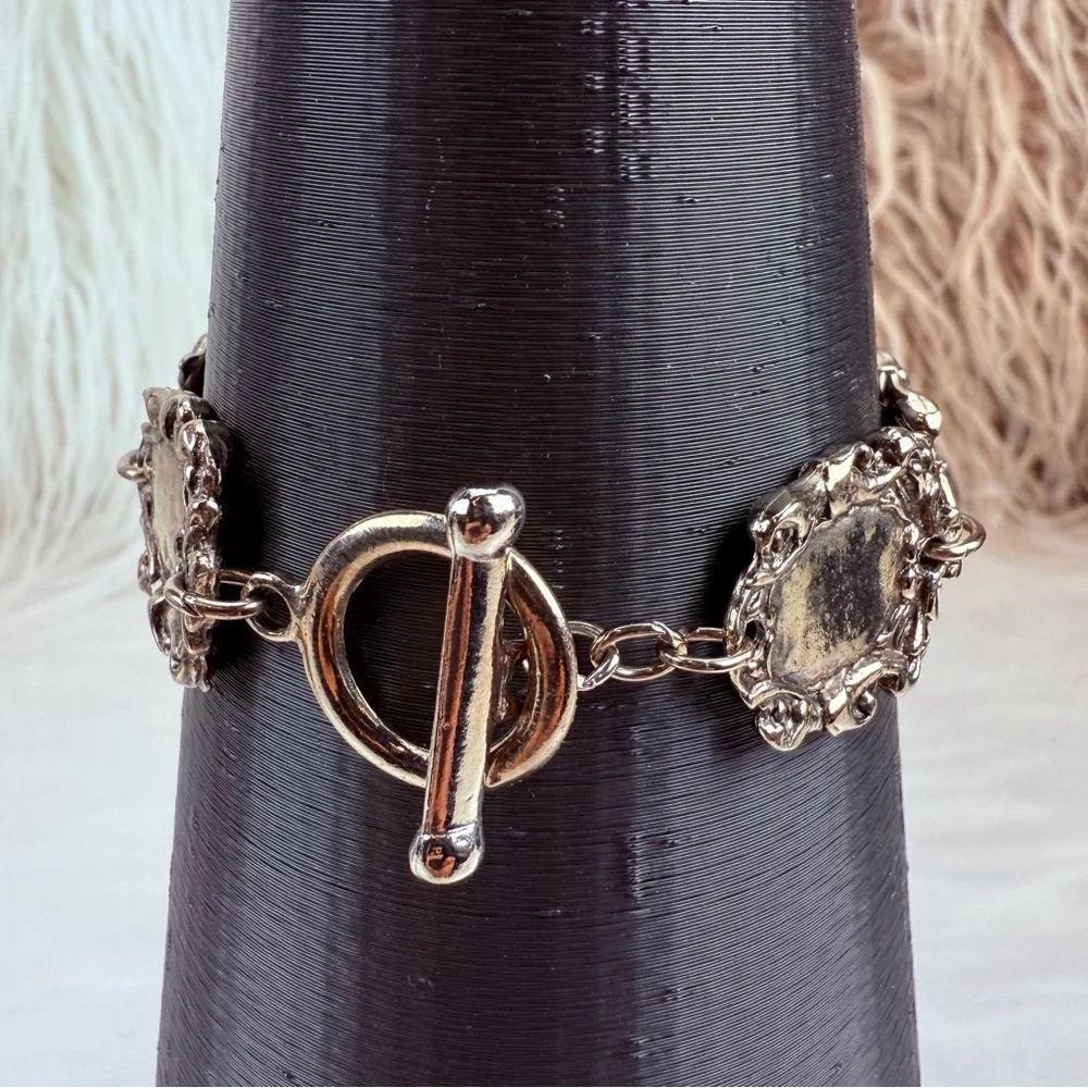 Ornate Silvertone Shield Link Bracelet Toggle Clasp Medieval Gothic Style